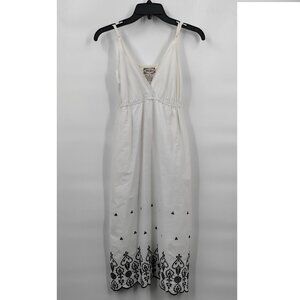 Mint Green Boho Cotton V-Neck Sleeveless Embroidered Midi Dress Small White